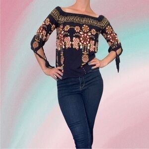 Off shoulder navy floral Y2K Blouse by Blush